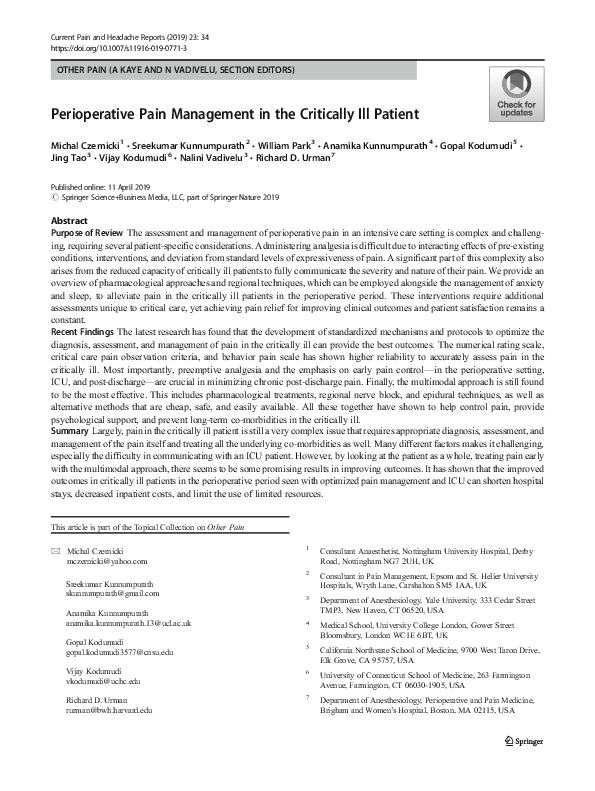 (PDF) Perioperative Pain Management in the Critically Ill Patient