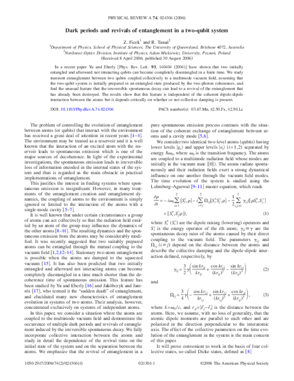 (PDF) Dark periods and revivals of entanglement in a two-qubit system
