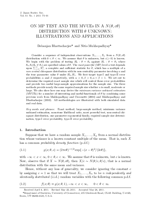 (PDF) On MP Test and the MVUEs in a N(^|^theta;, c^|^theta ...