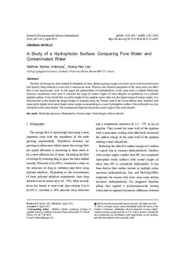 (PDF) A Study of a Hydrophobic Surface: Comparing Pure Water and ...