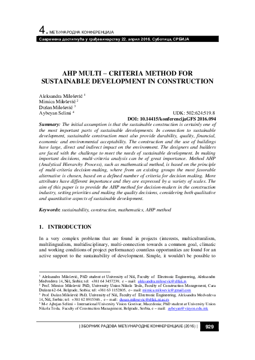 (PDF) Ahp Multi – Criteria Method for Sustainable Development in ...