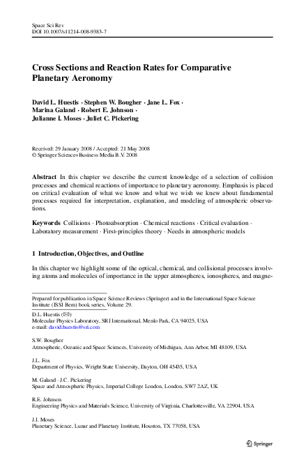 (PDF) Cross Sections and Reaction Rates for Comparative Planetary Aeronomy
