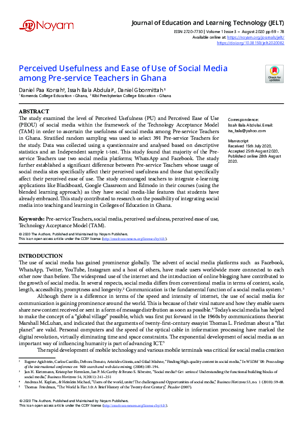 (PDF) Perceived Usefulness and Ease of Use of Social Media among Pre ...