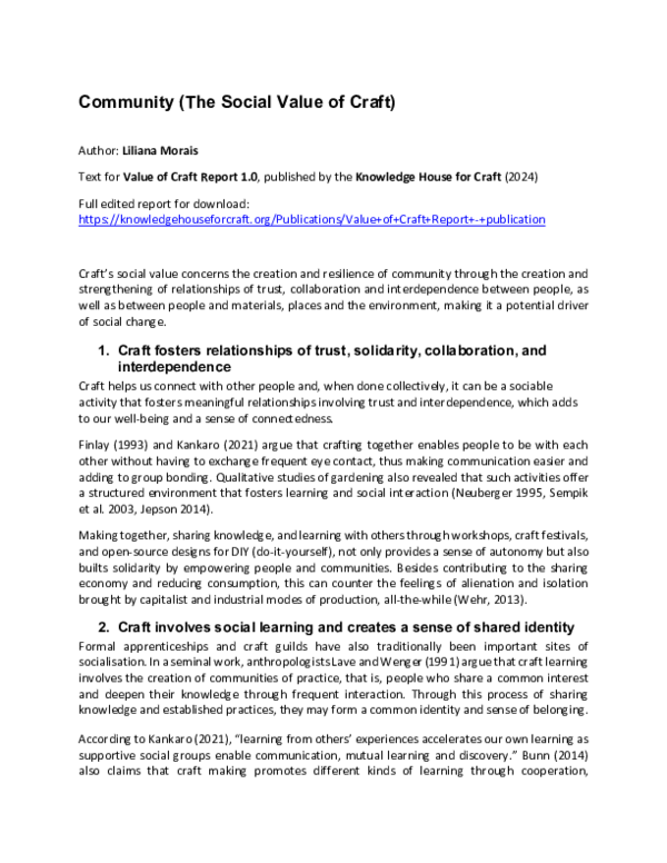 (PDF) The Social Value of Craft (Value of Craft Report 1.0, Knowledge ...