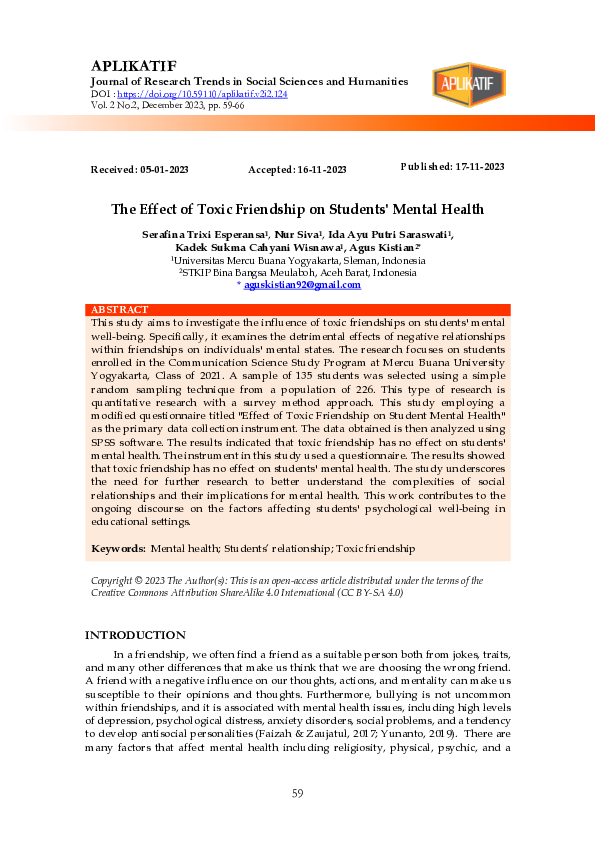 (PDF) The Effect of Toxic Friendship on Students' Mental Health