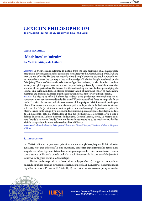(PDF) ‘Machines’ et ‘miroirs’. La Mettrie critique de Leibniz