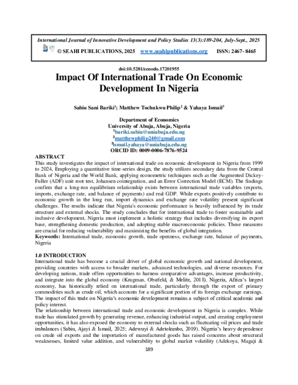 (PDF) Impact Of International Trade On Economic Development In Nigeria