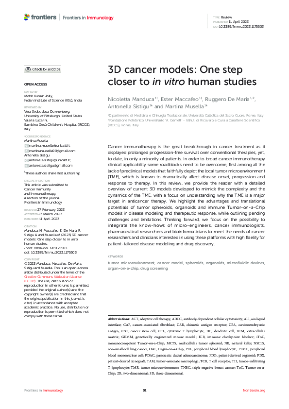 (PDF) 3D cancer models: One step closer to in vitro human studies