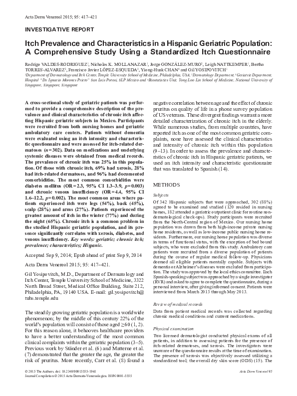 (PDF) Itch Prevalence and Characteristics in a Hispanic Geriatric ...