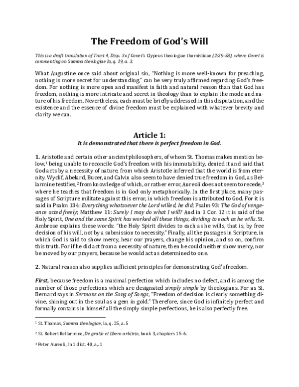 (PDF) Jean-Baptiste Gonet, O.P. on The Freedom of God's Will