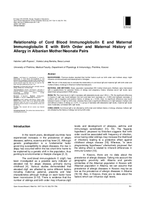(PDF) Relationship of Cord Blood Immunoglobulin E and Maternal ...