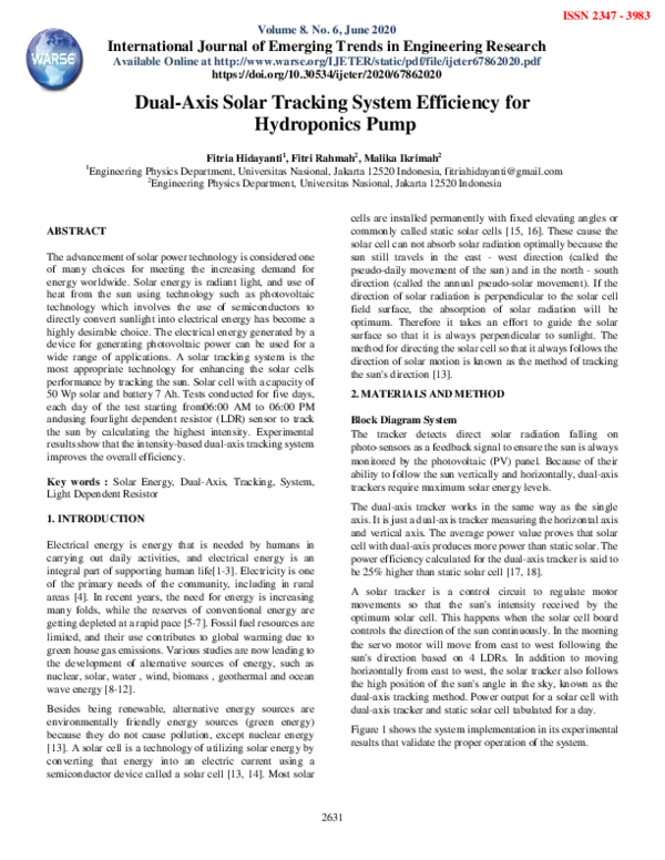 (PDF) Dual-Axis Solar Tracking System Efficiency for Hydroponics Pump