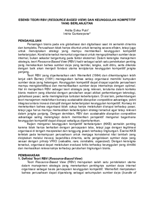 (PDF) ESENSI TEORI RBV (RESOURCE BASED VIEW) DAN KEUNGGULAN KOMPETITIF ...