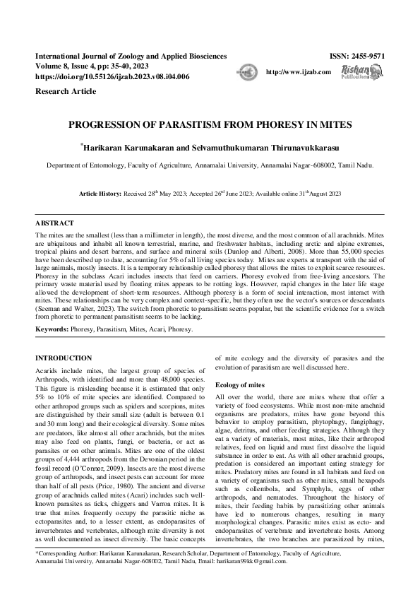 (PDF) Progression of parasitism from phoresy in mites