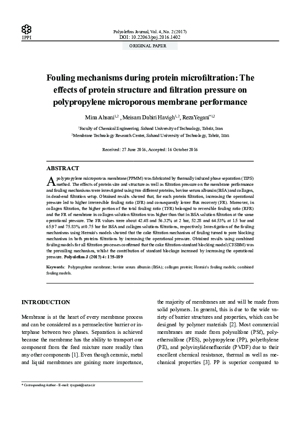 (PDF) Fouling mechanisms during protein microfiltration: The effects of ...