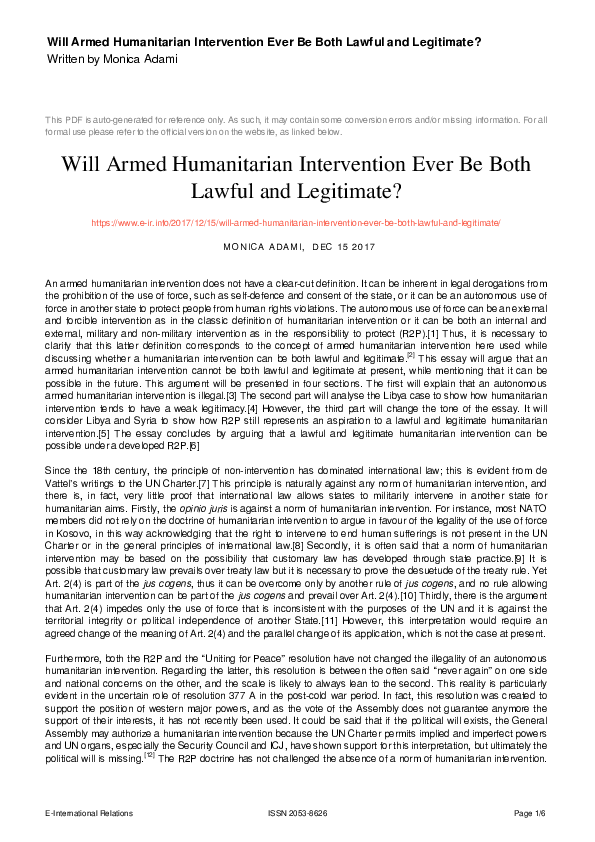 (PDF) Will Armed Humanitarian Intervention Ever Be Both Lawful and ...