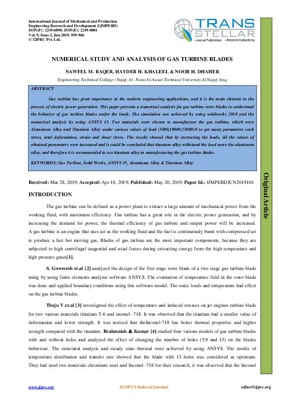 (PDF) NUMERICAL STUDY AND ANALYSIS OF GAS TURBINE BLADES