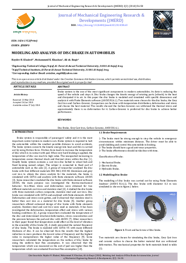 (PDF) MODELING AND ANALYSIS OF DISC BRAKE IN AUTOMOBILES