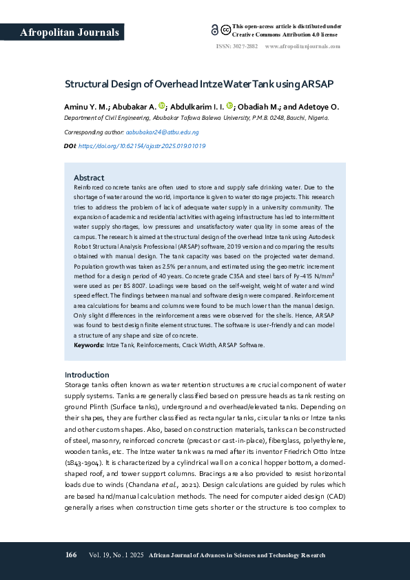 (PDF) Structural Design of Overhead Intze Water Tank using ARSAP