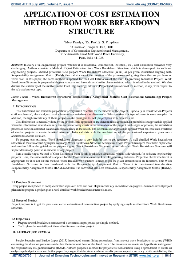(PDF) Application of Cost Estimation Method from Work Breakdown Structure