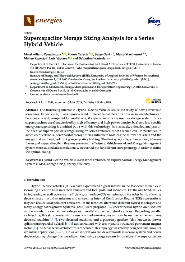 (PDF) Supercapacitor Storage Sizing Analysis for a Series Hybrid Vehicle