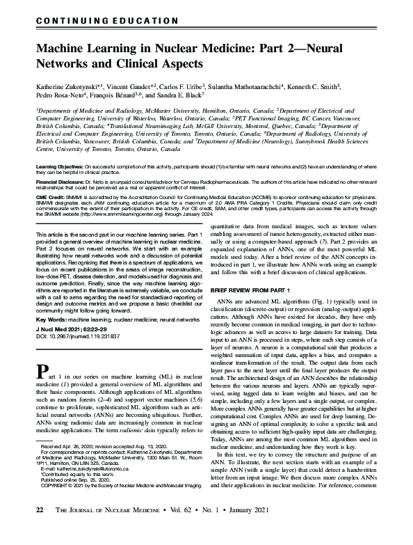 (PDF) Machine Learning in Nuclear Medicine: Part 2—Neural Networks and ...