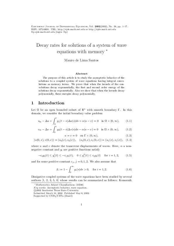 (PDF) Decay rates for solutions of a system of wave equations with memory