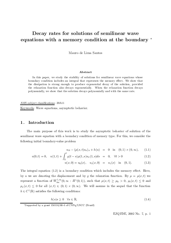 (PDF) Decay rates for solutions of semilinear wave equations with a ...