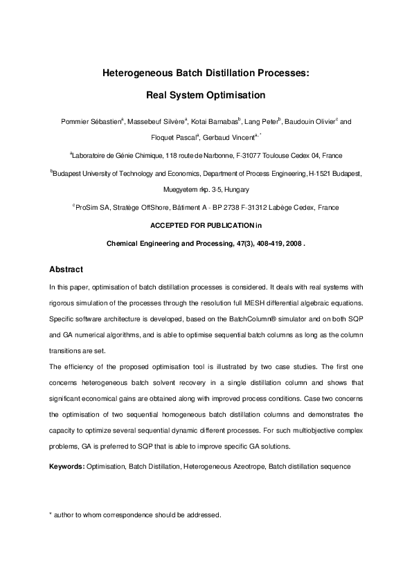 (PDF) Heterogeneous batch distillation processes: Real system optimisation