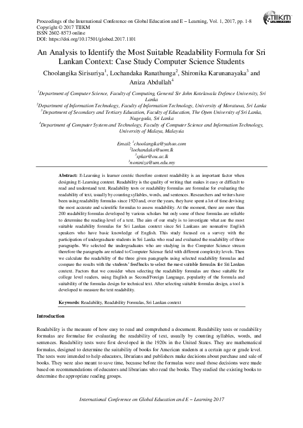 (PDF) An Analysis to Identify the Most Suitable Readability Formula for ...