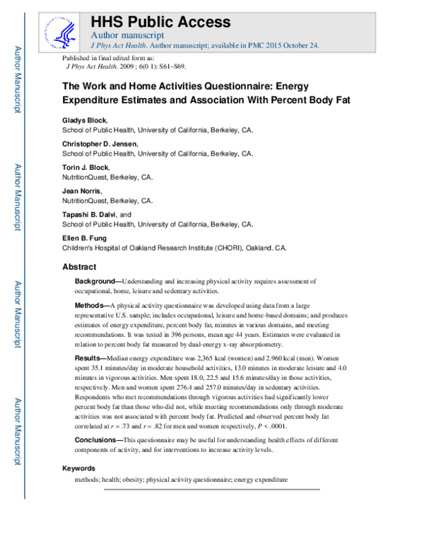 (PDF) The Work and Home Activities Questionnaire: Energy Expenditure ...