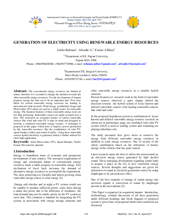 (PDF) Generation of Electricity Using Renewable Energy Resources