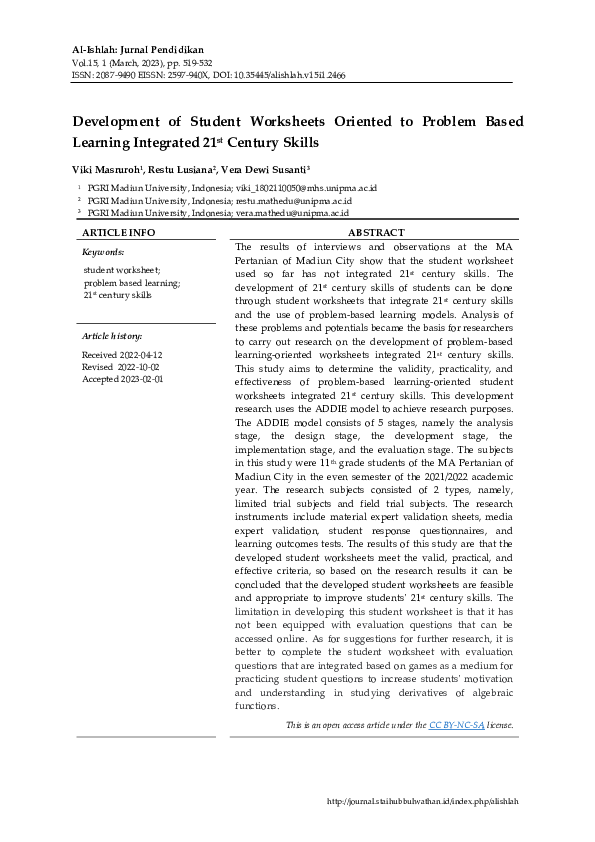 (PDF) Development of Student Worksheets Oriented to Problem Based ...