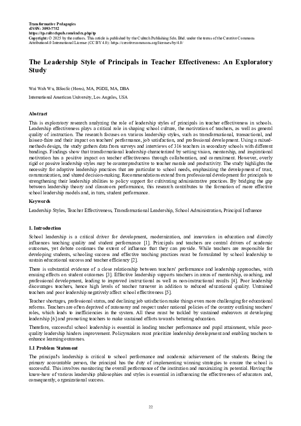 (PDF) The Leadership Style of Principals in Teacher Effectiveness: An ...
