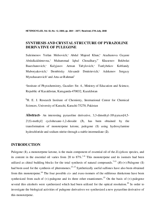 (PDF) Synthesis and Crystal Structure of Pyrazoline Derivative of Pulegone