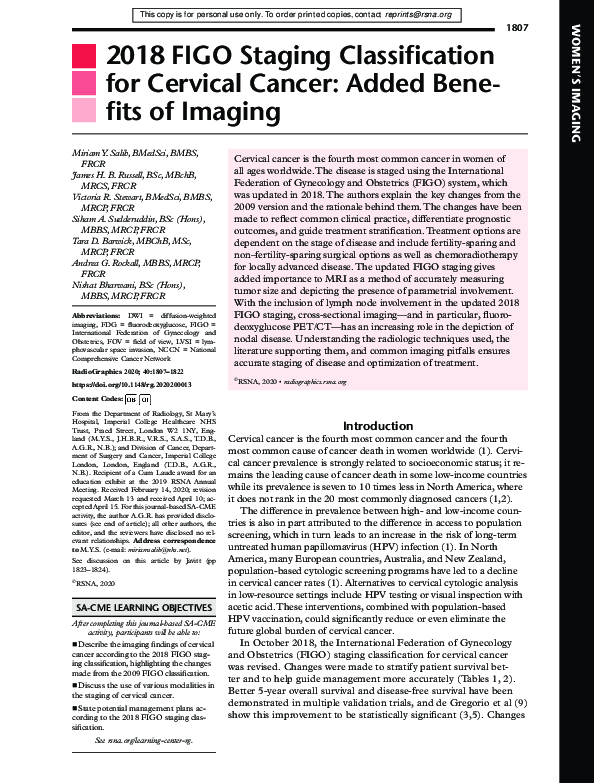 (PDF) 2018 FIGO Staging Classification for Cervical Cancer: Added ...