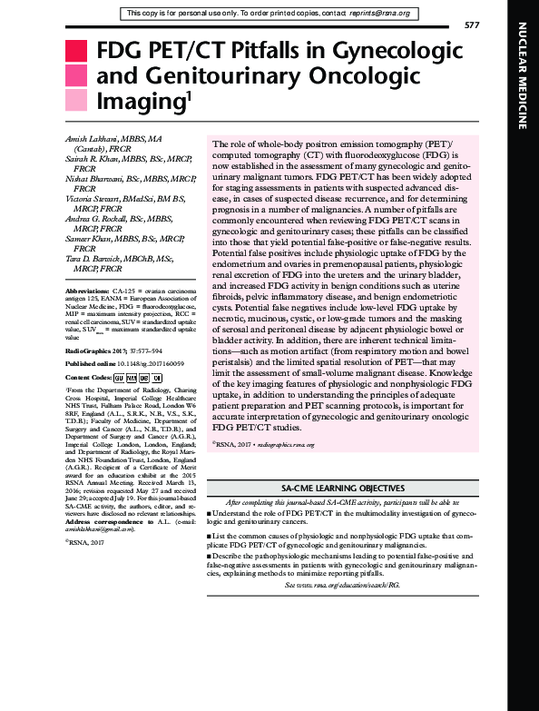 (PDF) FDG PET/CT Pitfalls in Gynecologic and Genitourinary Oncologic ...