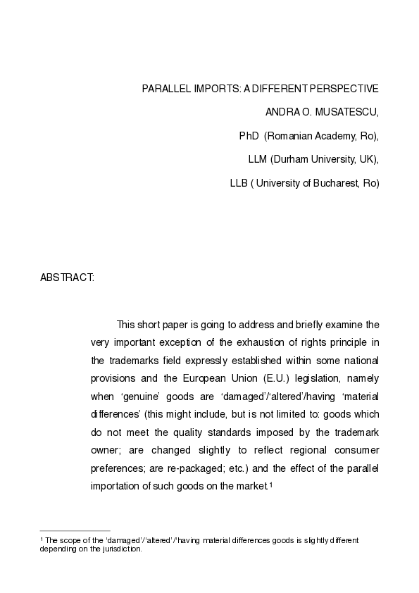 (PDF) PARALLEL IMPORTS: A DIFFERENT PERSPECTIVE