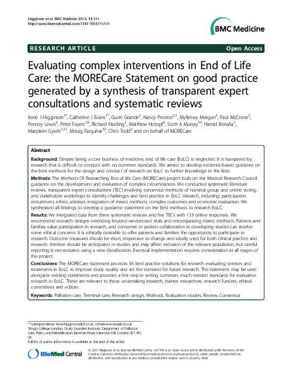 (PDF) Evaluating complex interventions in End of Life Care: the ...