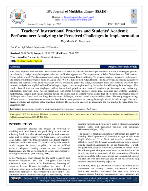 (PDF) Teachers' Instructional Practices and Students' Academic ...
