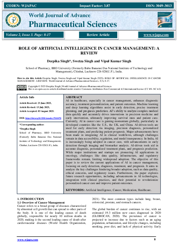 (PDF) ROLE OF ARTIFICIAL INTELLIGENCE IN CANCER MANAGEMENT: A REVIEW