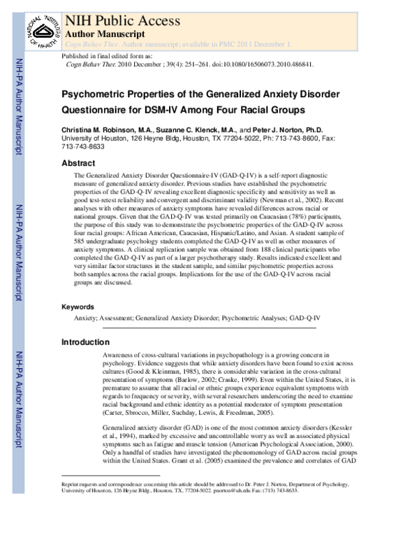 (PDF) Psychometric Properties of the Generalized Anxiety Disorder ...