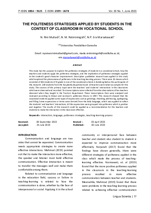 (PDF) Politeness Strategies Applied by Students in the Context of ...