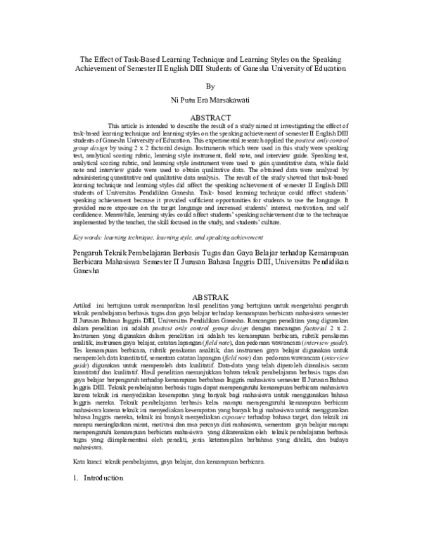 (PDF) The Effect of Task-Based Learning Technique and Learning Styles ...