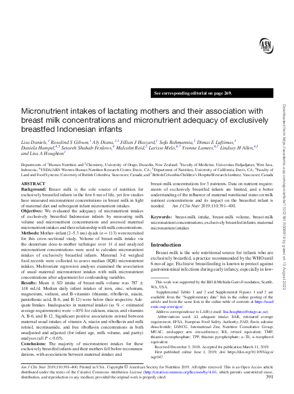 (PDF) Micronutrient intakes of lactating mothers and their association