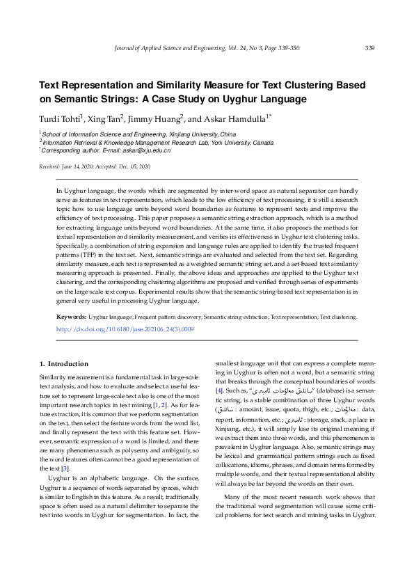 (PDF) Text Representation and Similarity Measure for Text Clustering ...