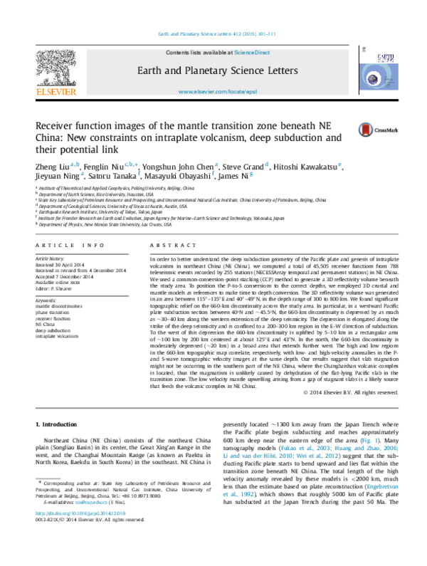 (PDF) Receiver function images of the mantle transition zone beneath NE ...