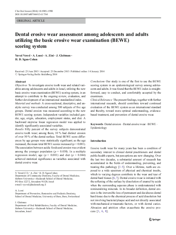 (PDF) Dental erosive wear assessment among adolescents and adults ...