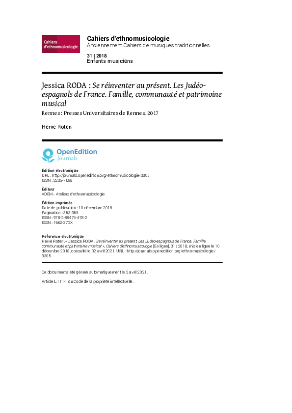 (PDF) Jessica RODA : Se réinventer au présent. Les Judéo-espagnols de ...