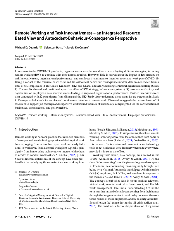 (PDF) Remote Working and Task Innovativeness – an Integrated Resource ...